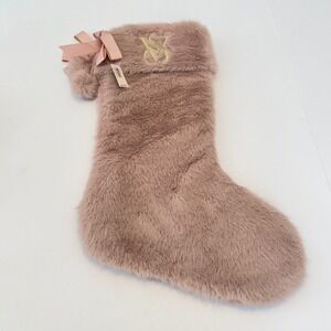 Victoria's Secret Dusty Rose Faux Fur Christmas Stocking Gold Logo Pom Poms NWT